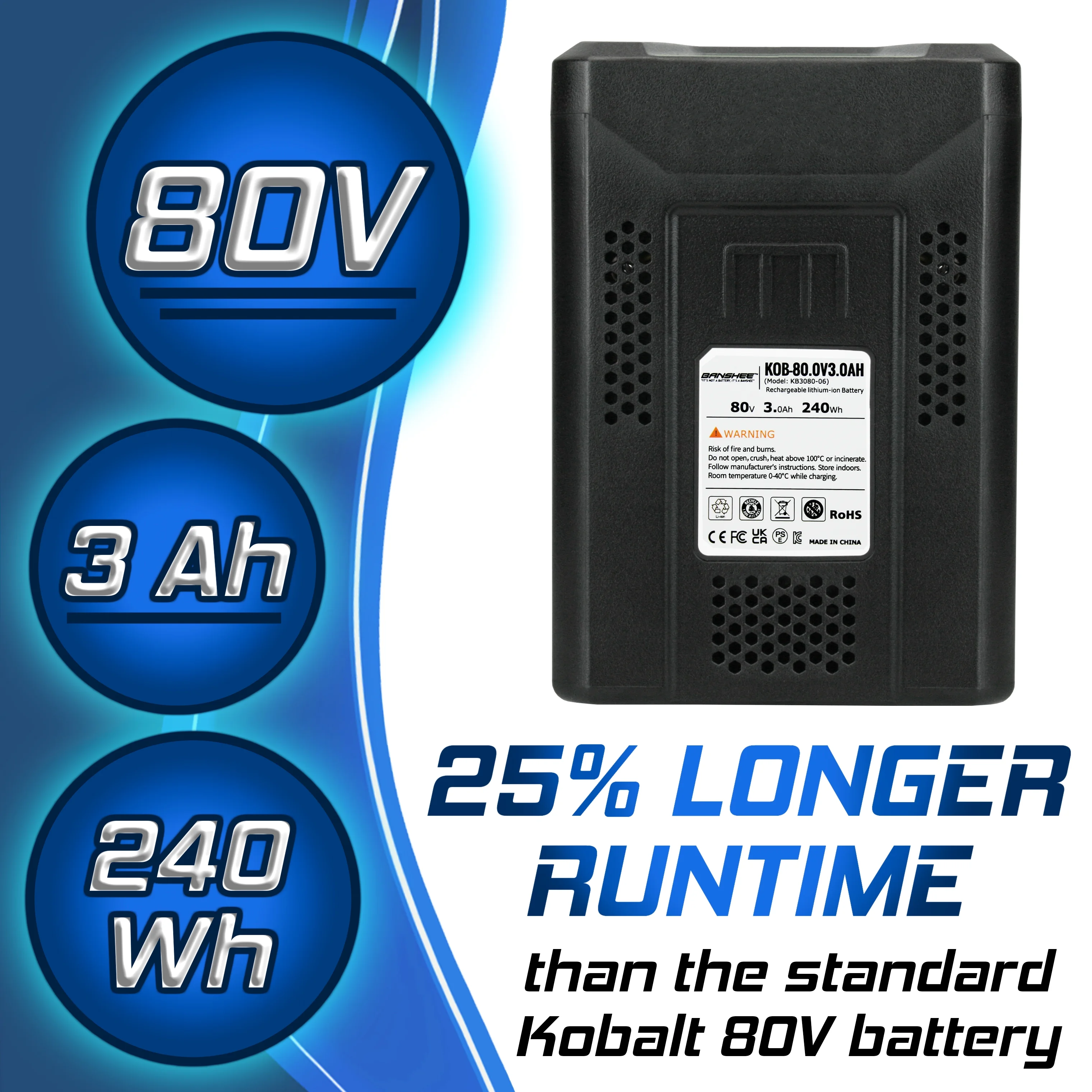 3.0 Ah High Capacity Lithium Battery Replacement, Compatible With Kobalt 80V Max: KB2580-06, KB580-06, KB680-06, KB280-06
