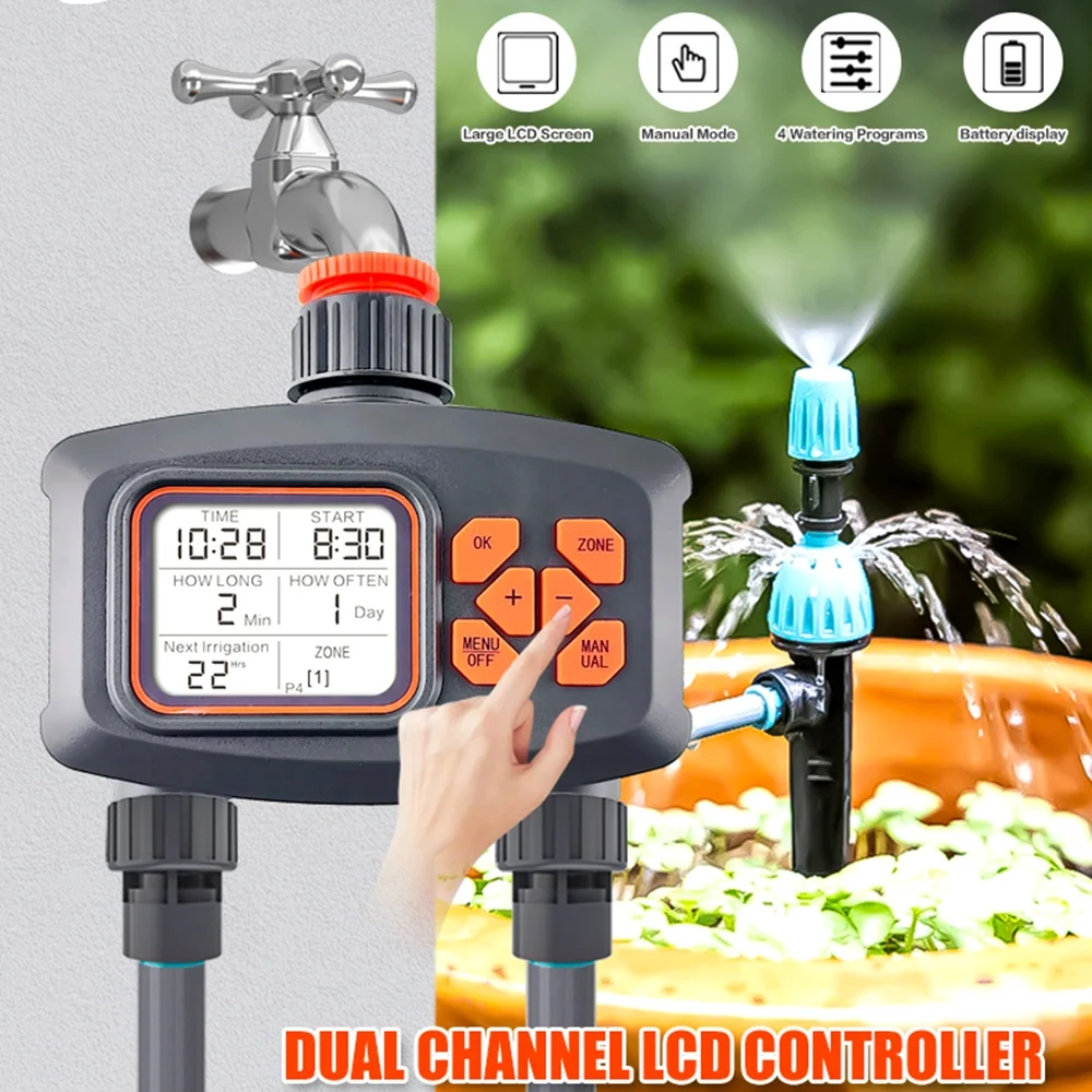 Water Timer for Garden Hose, 2-Outlet Watering Sprinkler Timer with LCD Screen Programmable Irrigation Timer for Yard Lawn Automatic/Manual  Watering Timer
