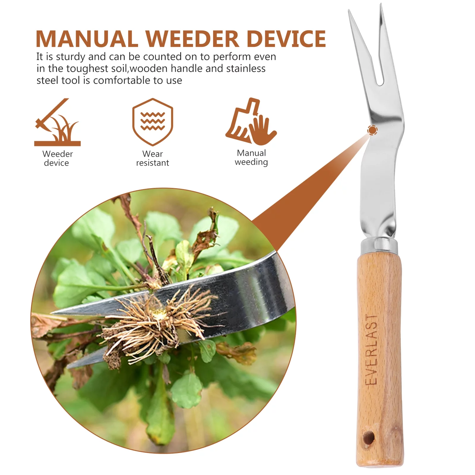 Gongxipen Professional Weeding Tool Wooden Handle Stainless Steel Manual Weeder Weeding Device (Stainless Steel Root Remover）