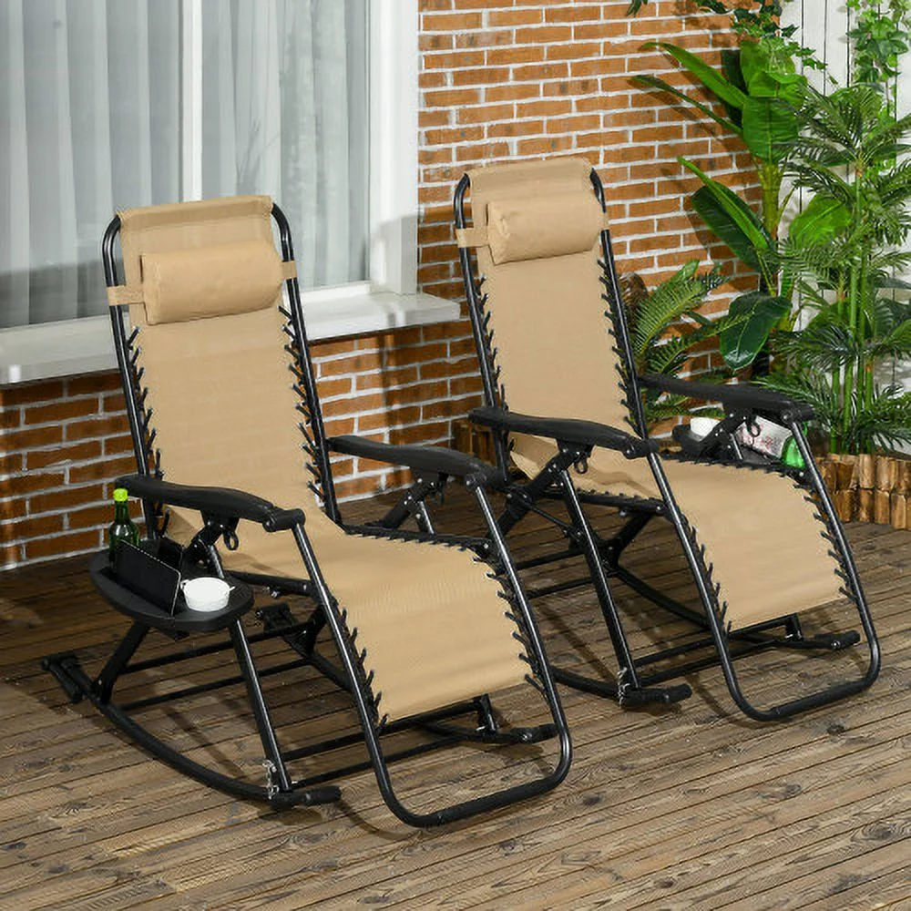 YPDCHB 2 Pieces Outdoor Rocking Chairs  Foldable Reclining Zero Gravity Lounge Rocker with Pillow  Cup & Phone Holder  Combo Design with Folding Legs  Beige