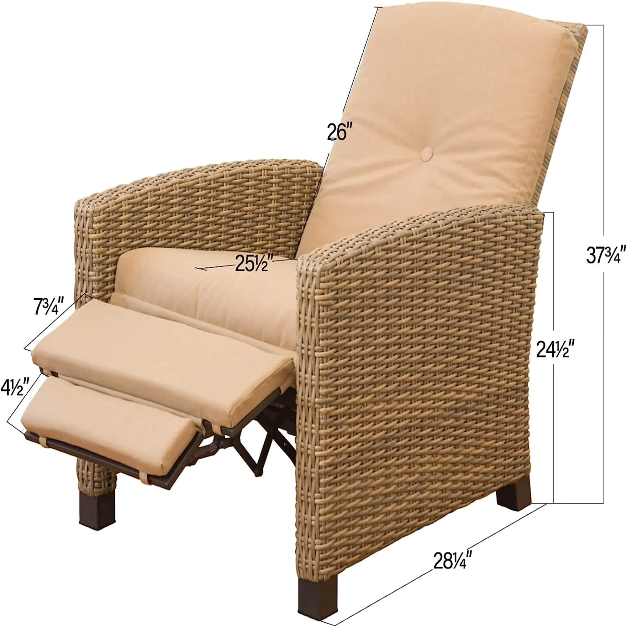 YJTONWIN Indoor Outdoor Recliner Wicker Reclining Chair with Cushion Khaki