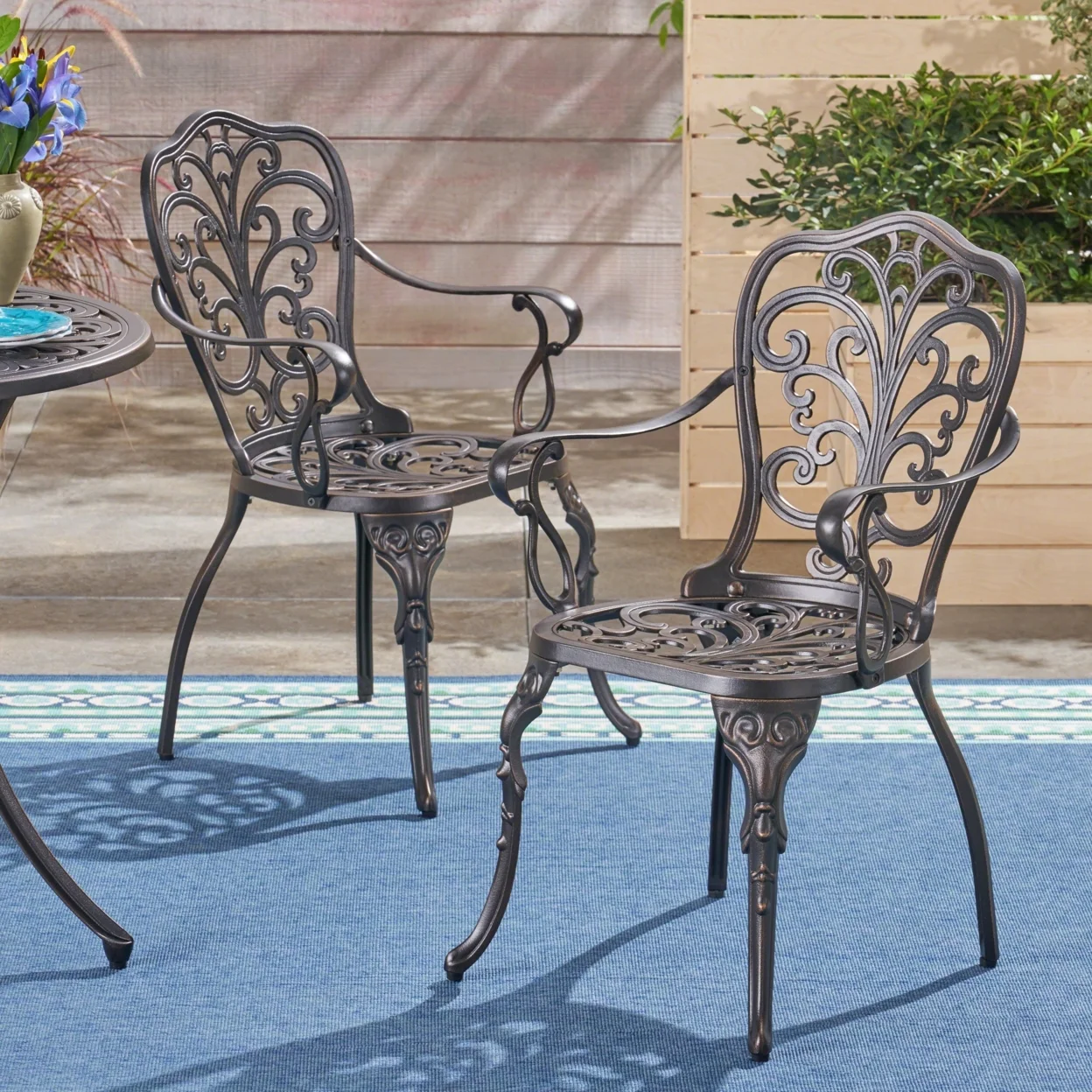 Deka Outdoor Cast Aluminum Dining Chairs, Set of 2, Shiny Copper