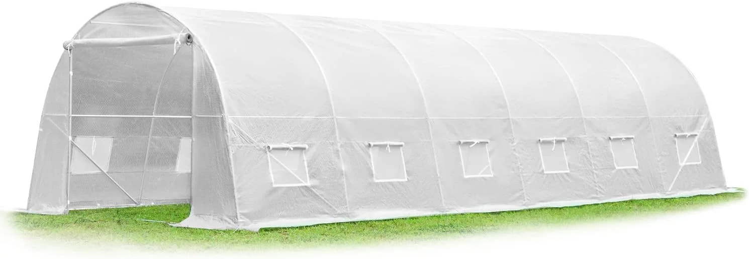 26x10x7ft,Whitehouse Gardening Large Plant Hot House Walking in Tunnel Tent Green House Heavy-Duty Reinforced Frame 8 Screen Windows, White