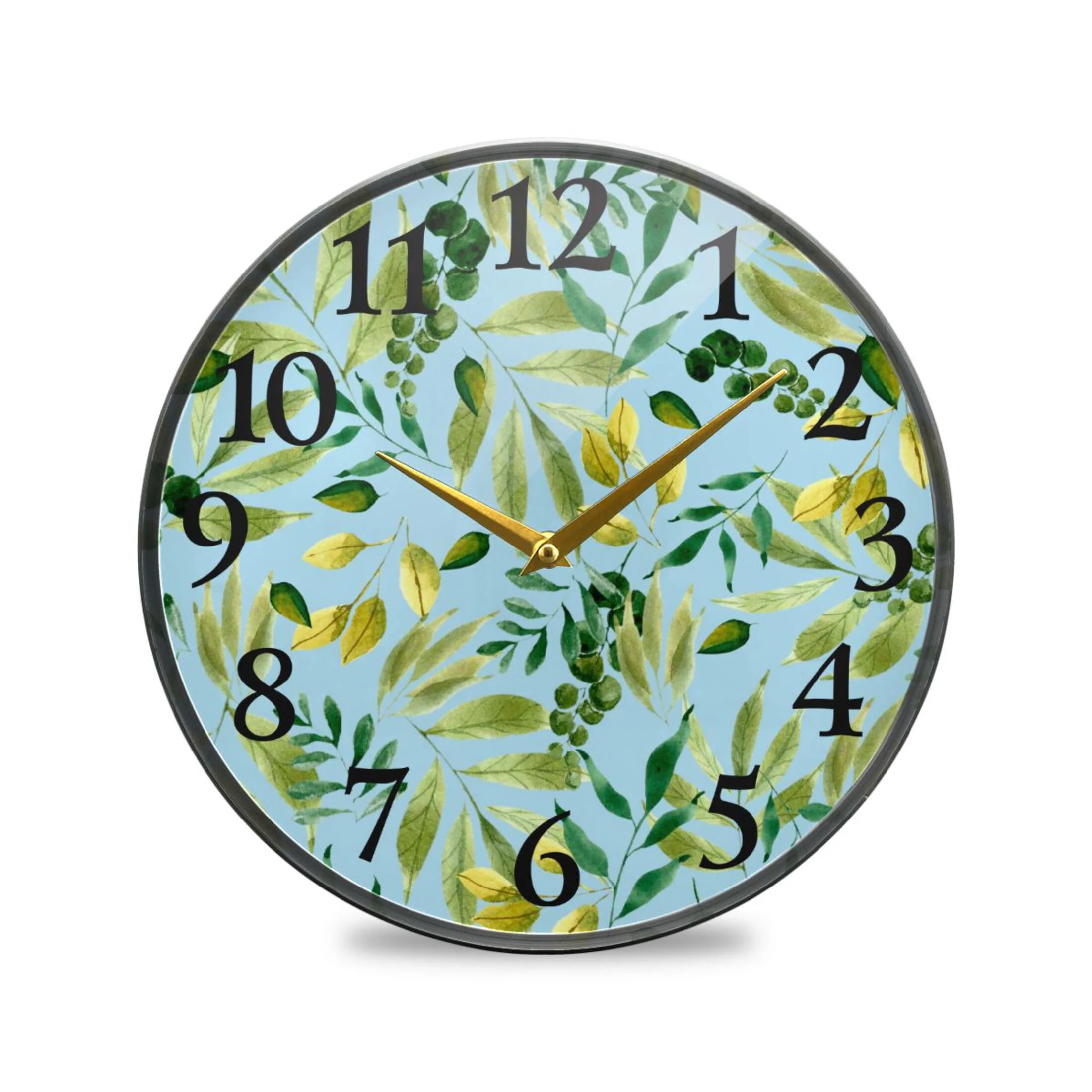 Watercolor Leaves Green Wall Clocks Battery Operated 11.9 Inch Round Clock Acrylic Silent Non-Ticking Bedroom Living Room Decorative Clocks