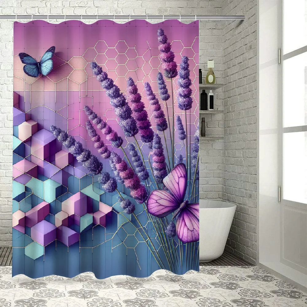 Lzatpd Shower Curtain,Purple Bath Curtain for Bathroom, Floral Butterfly Watercolor Curtain Waterproof Fabric with Hooks Machine Washable
