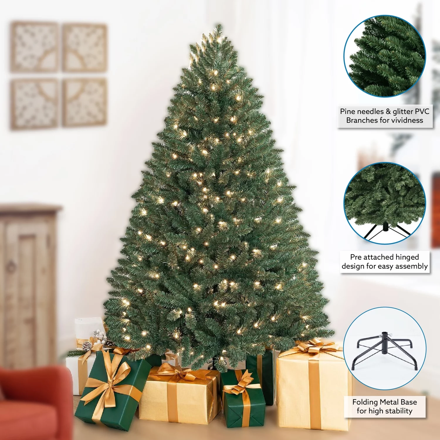 Naomi Home Artificial Christmas Tree with Lights, Pine Fir Prelit Christmas Tree, Christmas Tree with Lights, Christmas Trees with Tips - Green-Size:9 Ft,Style:Spruce Tree