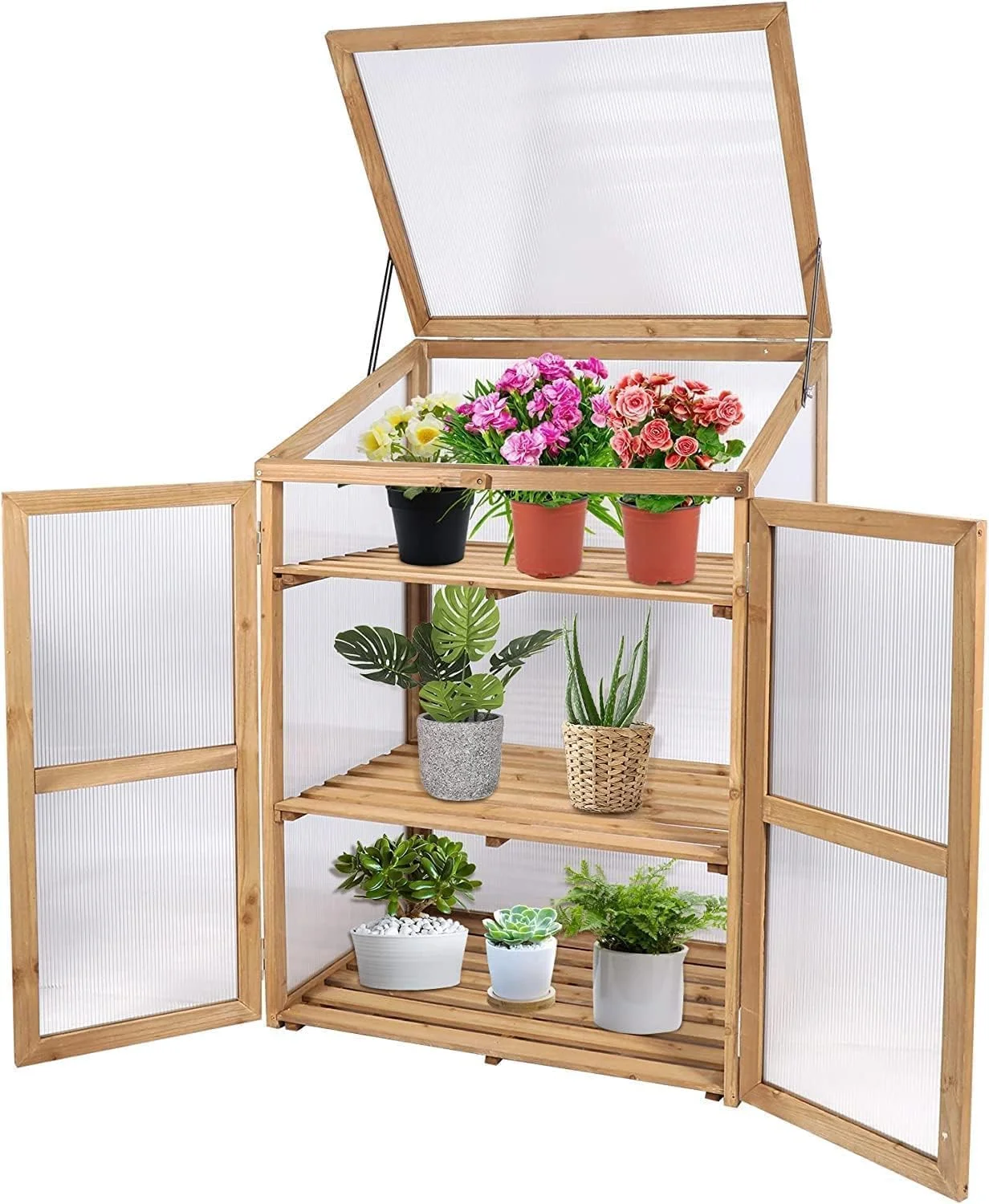 REDCAMP Wooden Cold Frame Greenhouse, Portable Planter Greenhouse Cabinet, Raised Flower Planter Shelf for Outdoor and Indoor, 30