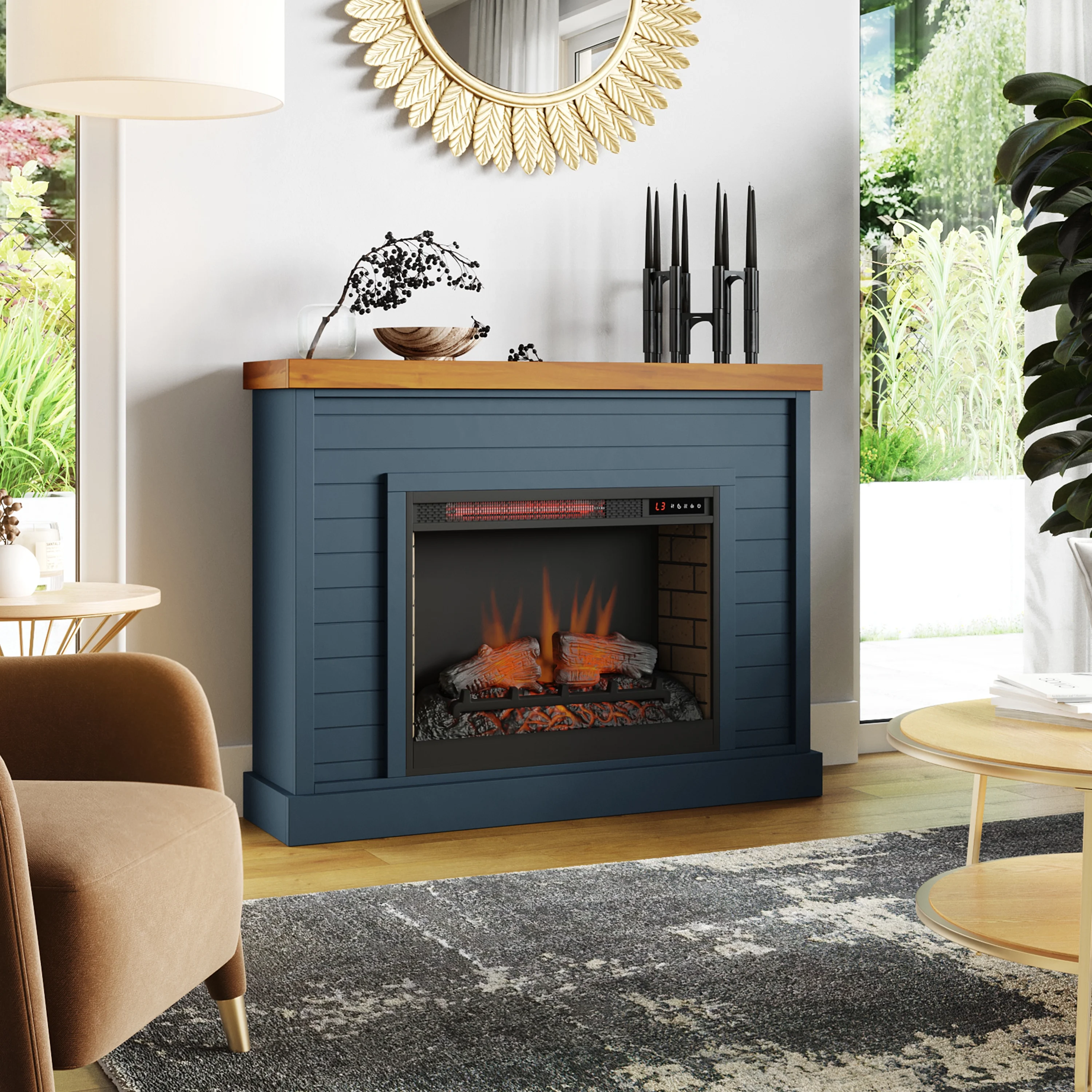 DeeHome Bridgevine Home Washington 48 inch Fireplace with Mantel, Blue Denim and Whiskey Finish