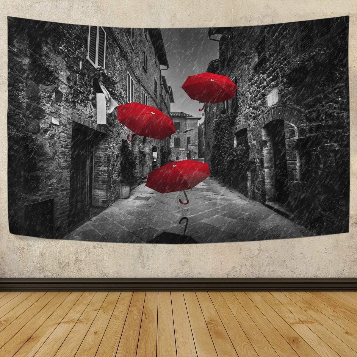 Bestwell Tapestry Wall Hanging Red Umbrellas with Rain an Old Italian Town Tapestry Polyester Tapestry Bright Wall Art Wall Blanket Wall Decor for Bedroom Living Room Dorm Decor（90 x 60 inch）