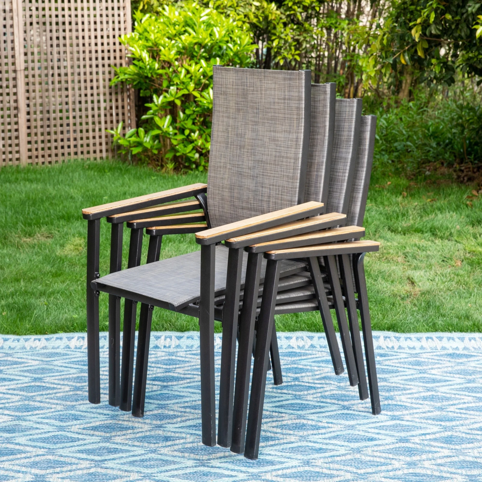 4 Pieces Aluminium Stackable Patio Dining Chairs with Wooden Armest Grey