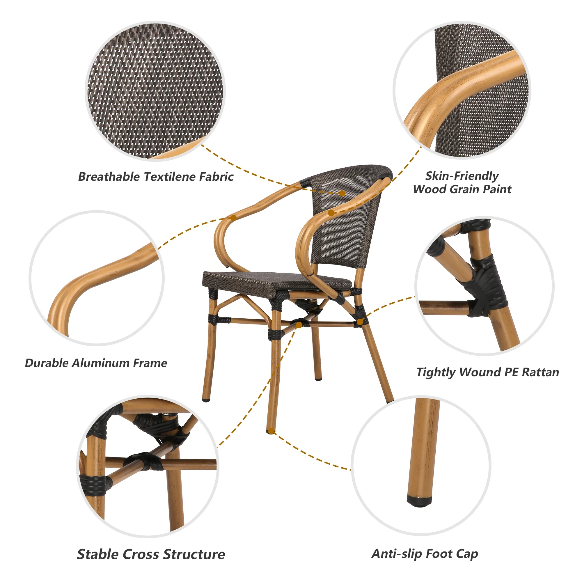 KARMAS PRODUCT Stackable Outdoor Patio Dining Chairs Set of 4 Aluminum Frame Textilene Mesh Fabric Furniture Chair All-Weather Light Weight Arm Chair for Garden/Backyard/Bistro/Cafe