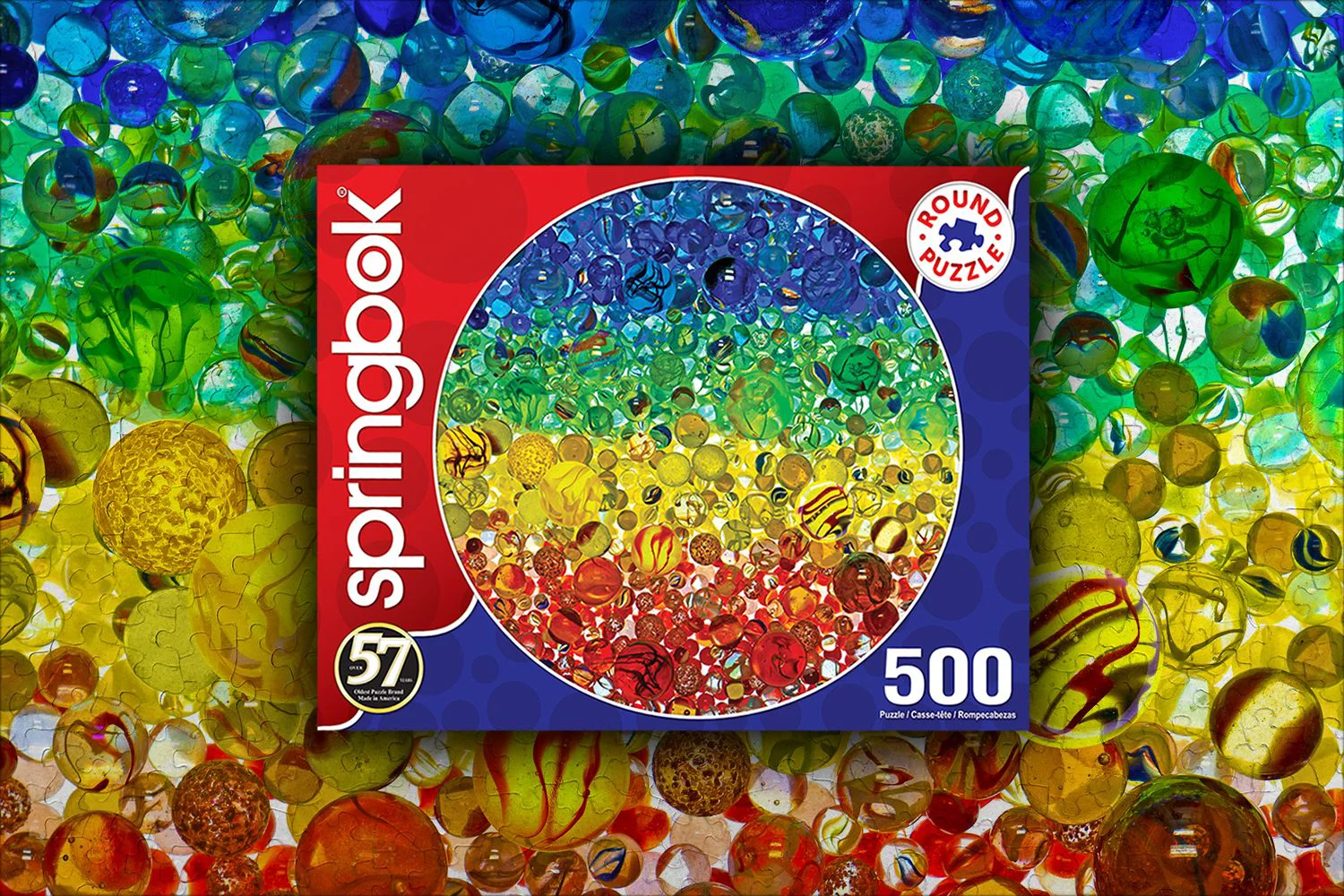 Illuminated Marbles, 500 Piece Round Puzzle, by Springbok Puzzles.