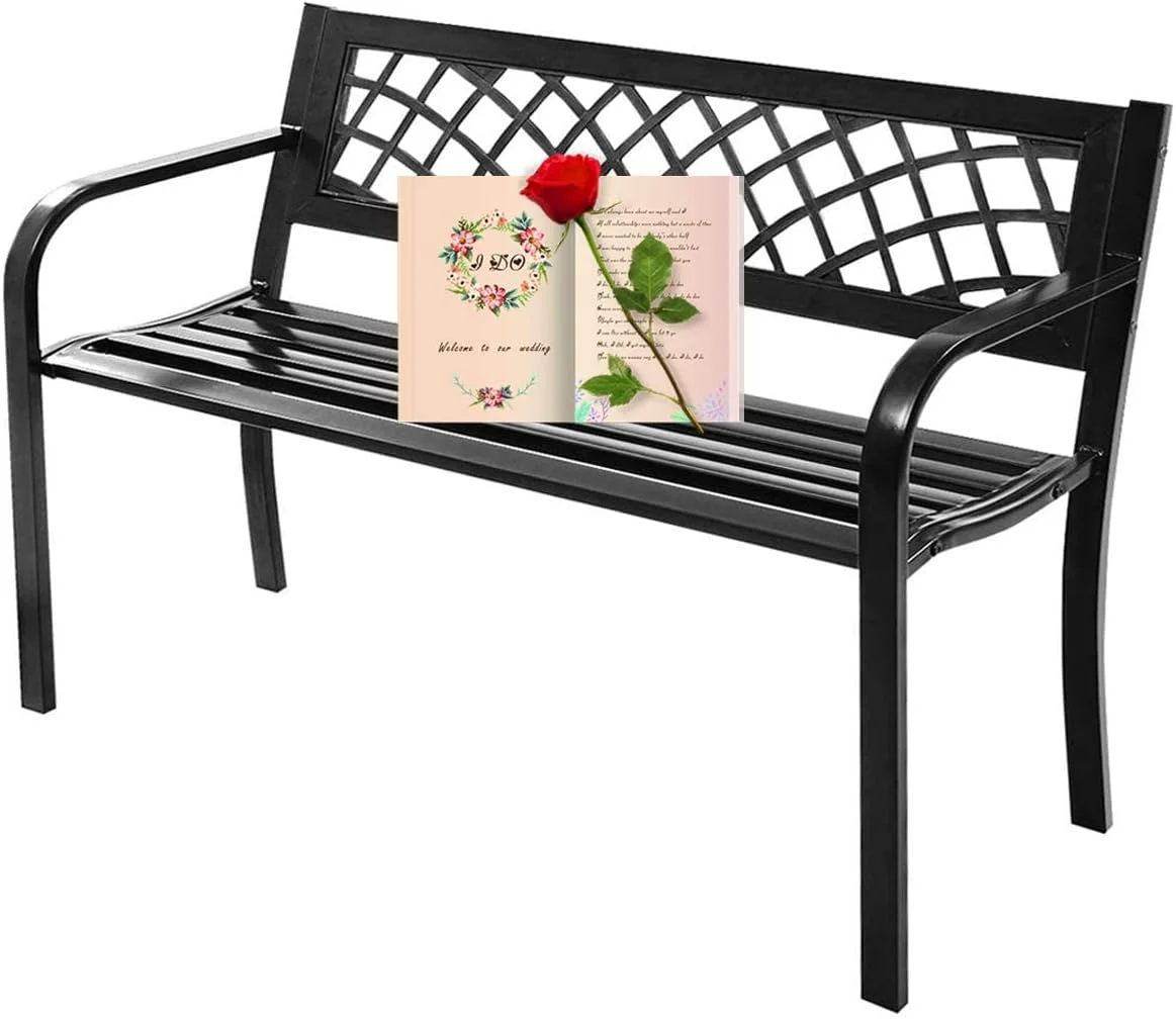 Patio Bench Park Bench Outdoor Bench Garden Bench Metal Pack Bench with Armrests 480lbs Cast Iron Sturdy Steel Frame Furniture Chair for Porch Entryway Lawn Decor Deck, Black