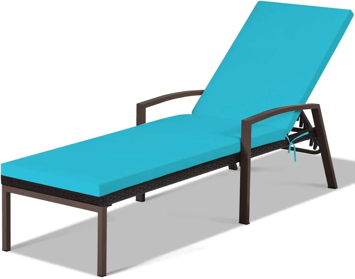 YPDCHB Patio Chaise Lounge  Outdoor Wicker Rattan Chaise with Adjustable Backrest and Armrest for Beach Pool Yard  Rattan Sun Lounger w/Cushion  Turquoise