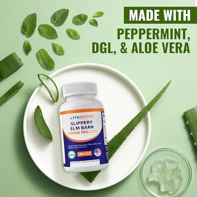 Vitamatic Slippery Elm Bark 20:1 Extract, 10000 mg Equivalent Strength Per Serving, Made with Peppemrint, DGL, & Aloe Vera - 180 Veg Capsules, and Concentrated 20X Potency