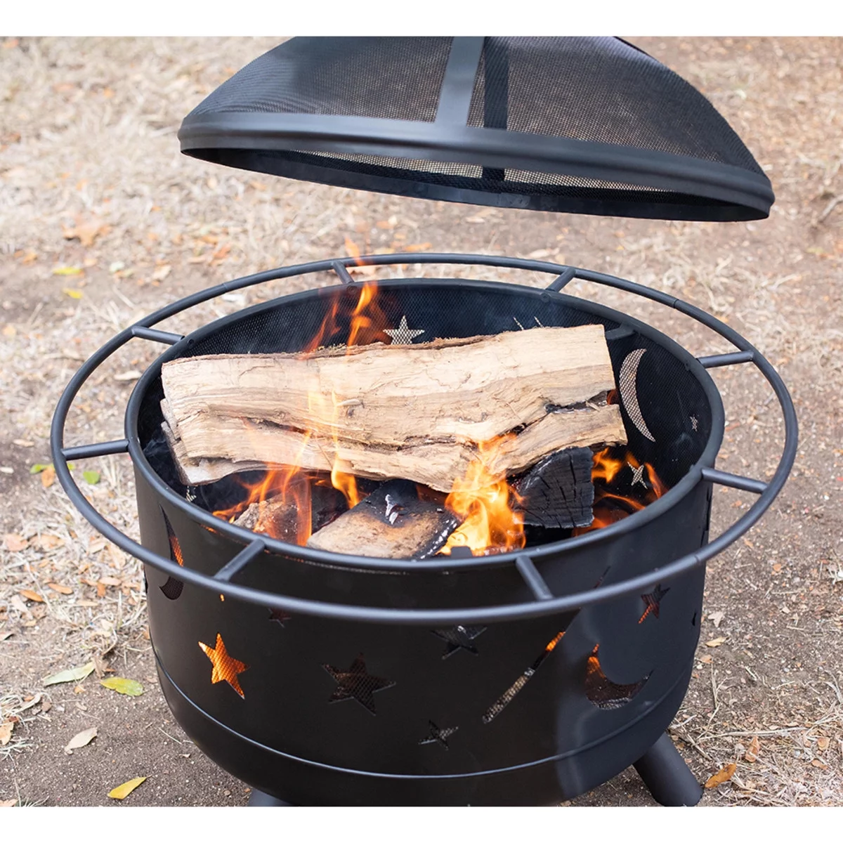 BirdRock Home Round Patio Fire Pit with Cover and Accessories - Stars & Moon Pattern - 30 Inch