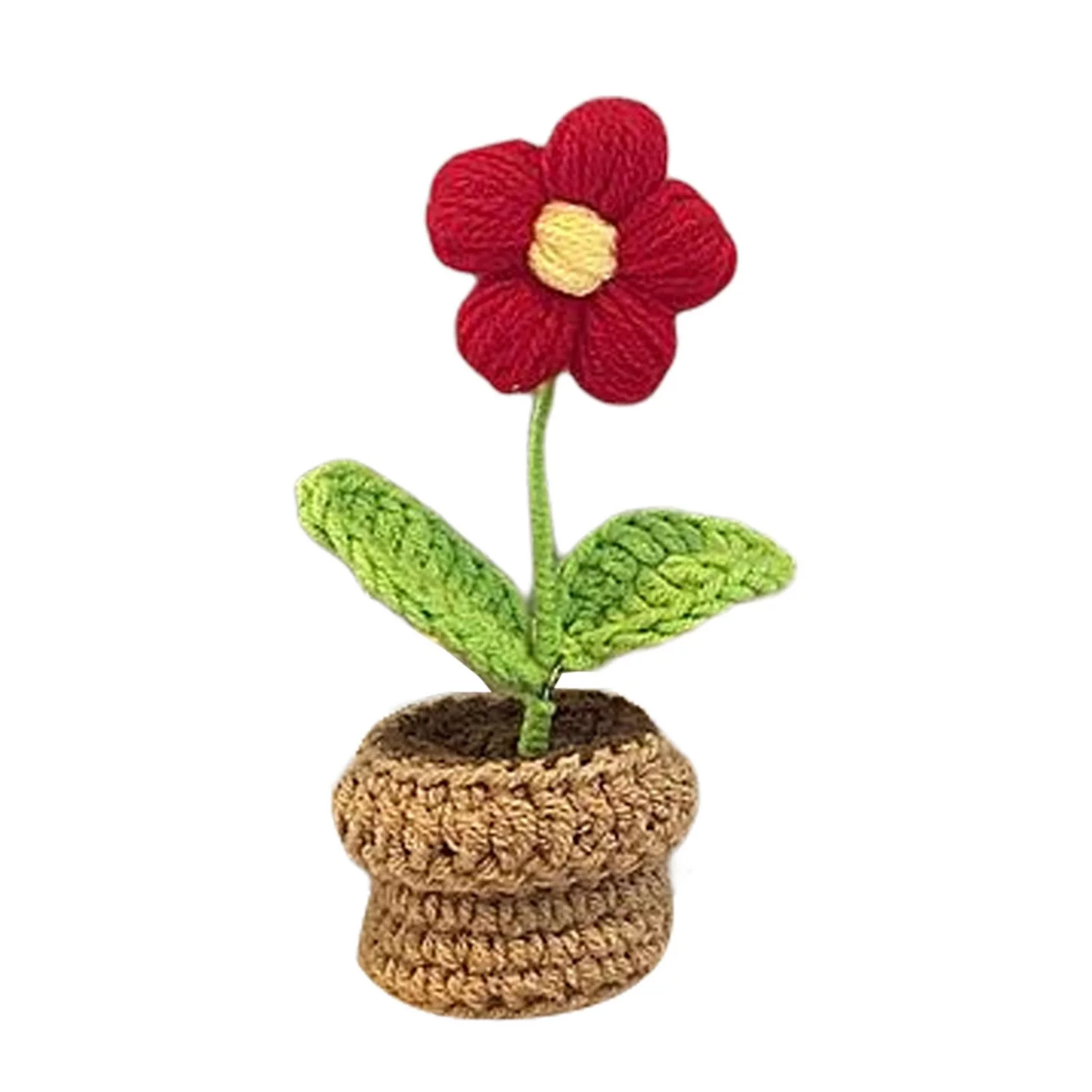 Handmade Beginner Knitted Flowerpot Small Potted Flower Crocheting Craft Includes Red Flower