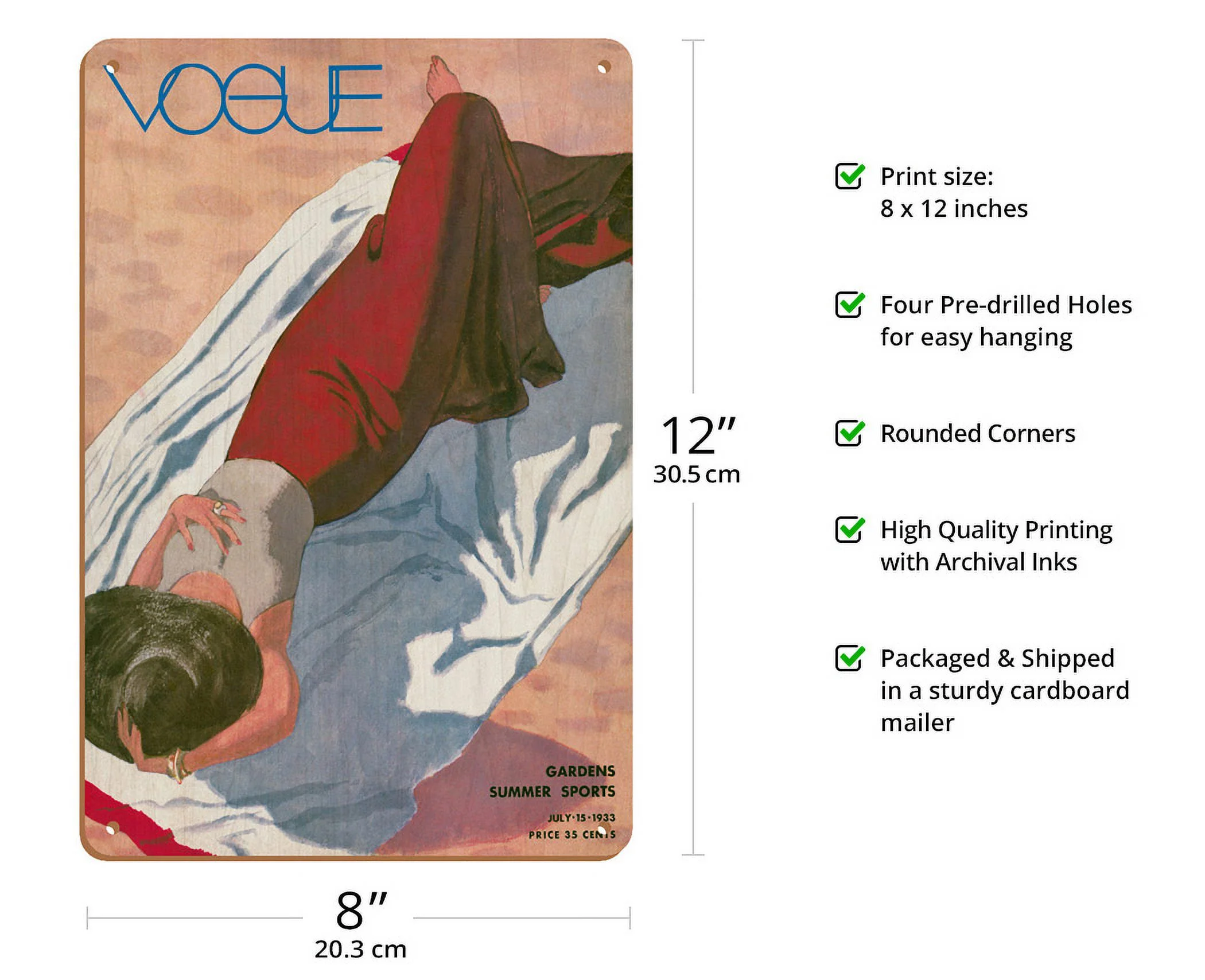 Fashion Magazine - July 15 1933 - Lady on Beach - Gardens Summer Sports - Vintage Magazine Cover by Pierre Mourgue c.1933 - 8 x 12 inch Vintage Wood Art Sign