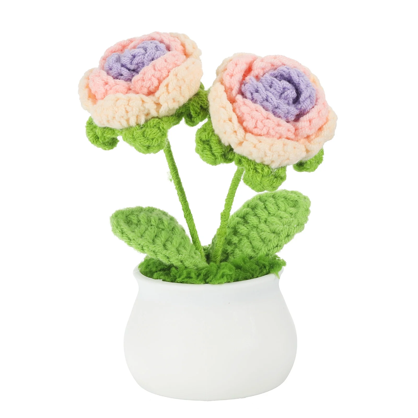 Uxcell Crochet Flowers Potted, 2 Head Rose Flower Handmade Knitted Mini Potted Plants, Gradient Pink Purple