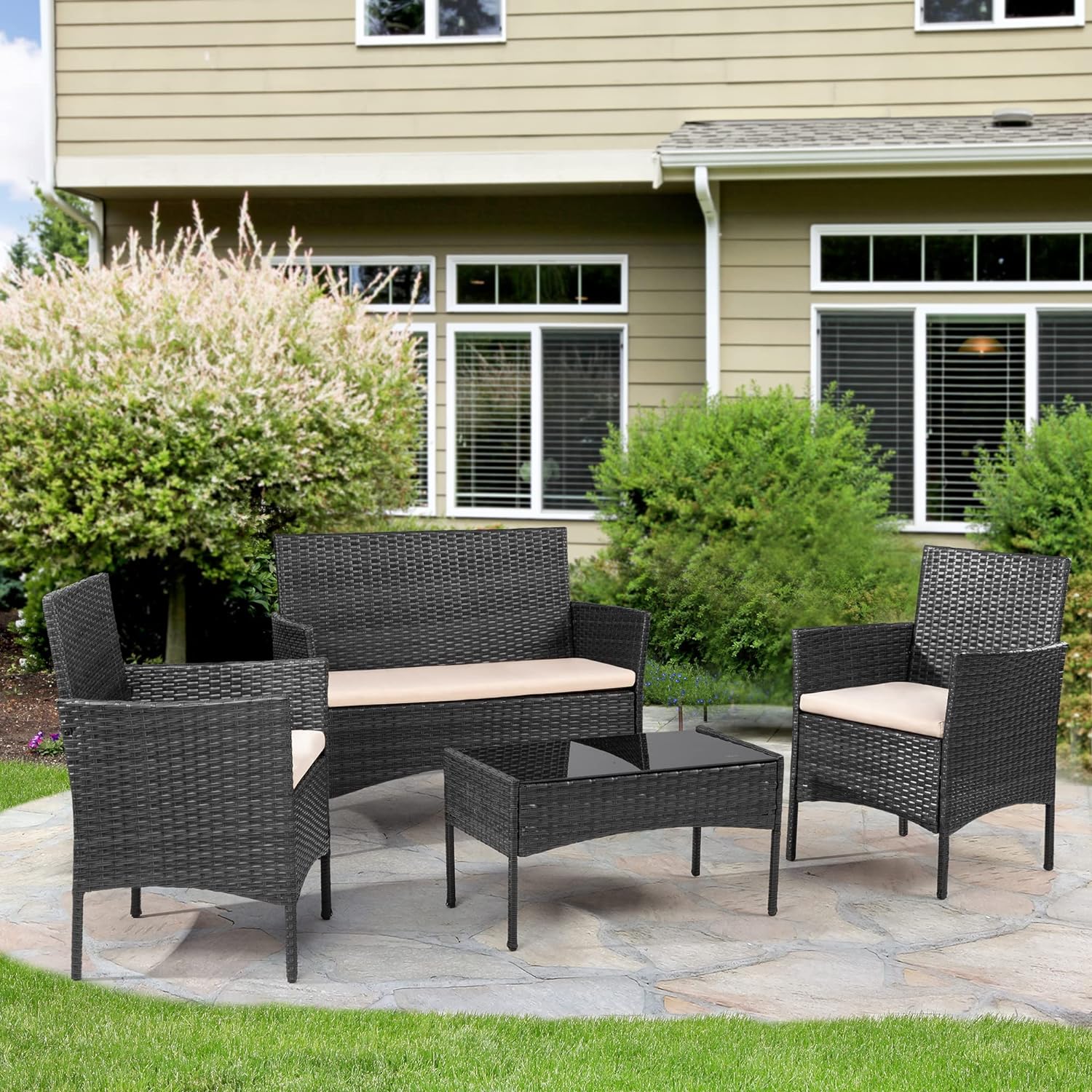 Dina 4 Pieces Patio Porch Furniture Sets Wicker Patio Conversation Furniture Rattan Chair Set with Tempered Glass Coffee Table for Backyard Porch Garden Poolside Balcony Brown