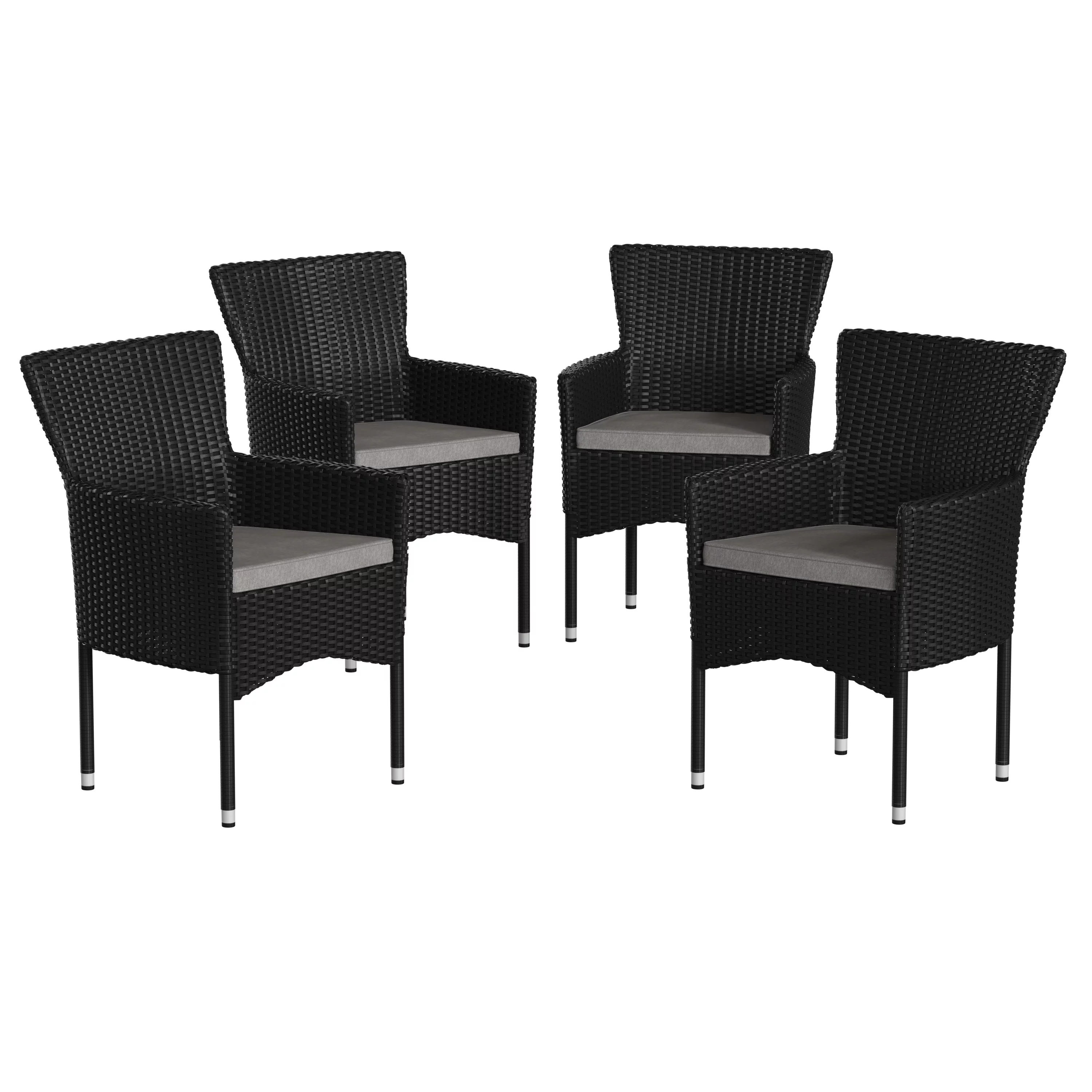 Emma + Oliver Set of 4 Modern Black Wicker Patio Chairs with Removable Gray Cushions for Indoor and Outdoor Use