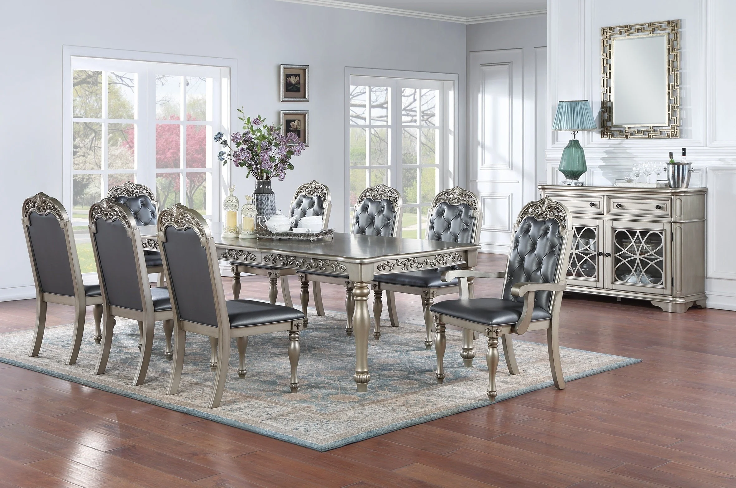 Hampton 9 pc Dining Set Table 2x Arm Chairs 6x Side Chairs - Gray+Silver