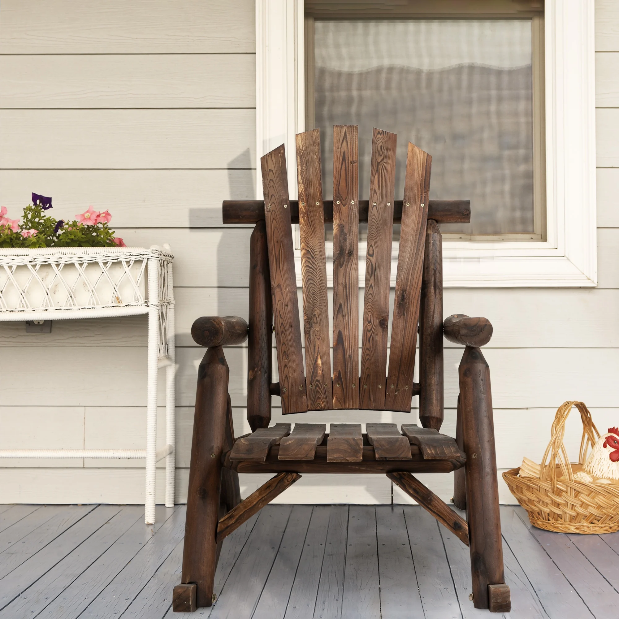 Outdoor Wooden Rocking Chairs with Oversized Backboard Bars are Stylish Design, Garden Rocking Chairs, Porches, Poolsides, Carbonized