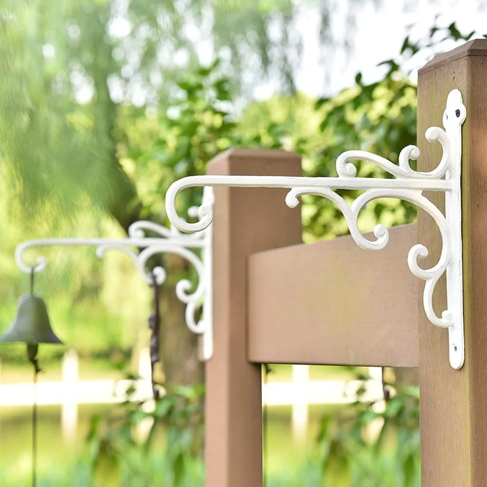 Sungmor Cast Iron Wall Hook Plant Hangers - Home & Garden Heavy Duty Hanging Bracket Plant Hooks - 2PC WHITE Decorative Wall Mount Hooks for Hanging Planter Pot Bird Feeder Birdcage Lantern Wind Chime