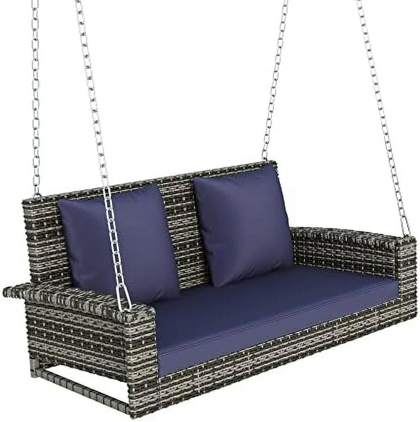 SJUIONG 2-Seater Wicker Hanging Porch Swing Bench with Hanging Chains for 2 Patio  Swing Rattan Swing Bench for Garden  Backyard  Pond