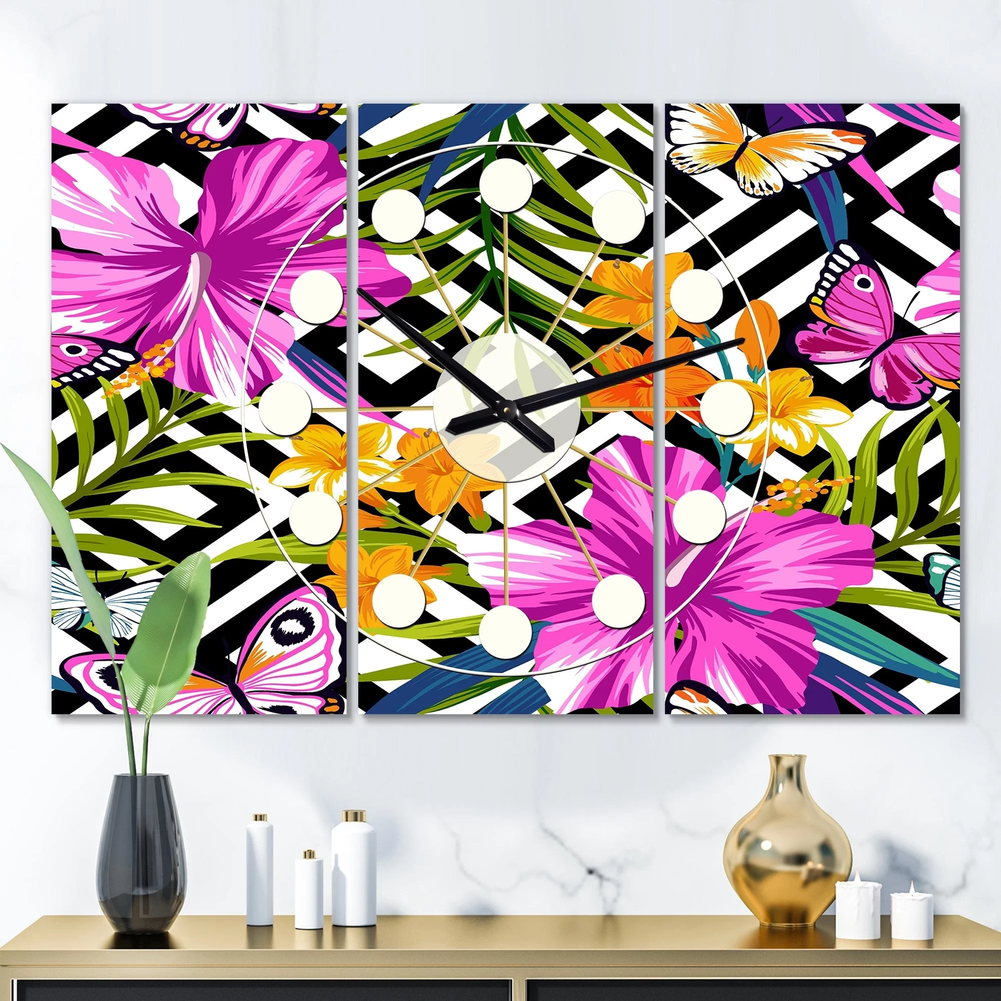 DESIGN ART Designart 'Tropical Foliage and Geometrics' Oversized Mid-Century wall clock - 3 Panels - 36 in. wide x 28 in. high - 3 Panels