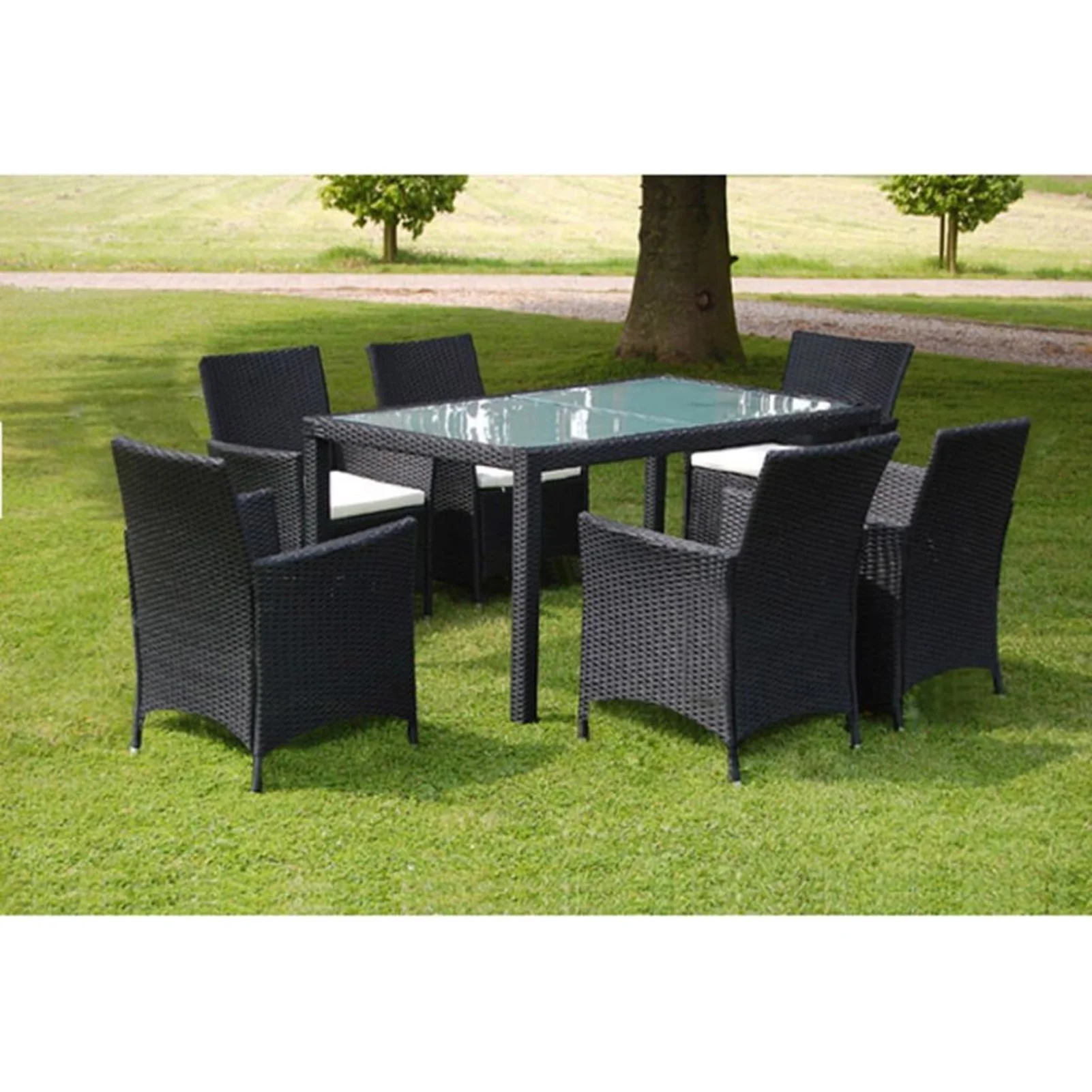 Suzicca 7 Piece Patio Dining Set with Cushions Poly Rattan Black