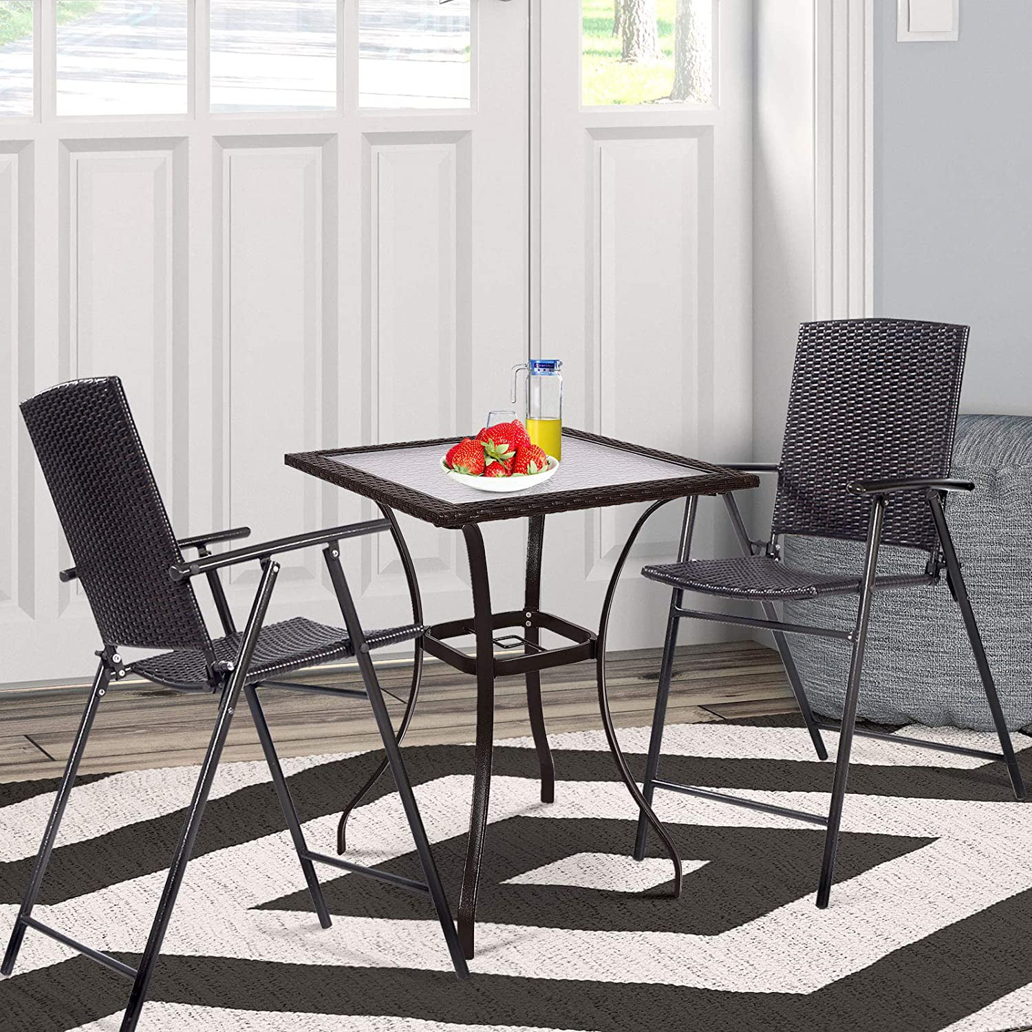 QUGDXVBN Folding Wicker Rattan  Chairs Set of 4 Tall Stool with Back Steel Frame Armrests and Footrest  Stools Garden Patio  Set