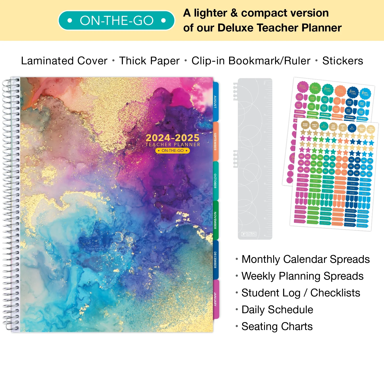 Aug 2024-Jul 2025 Lite Teacher Lesson Planner Notebook 8.5x11 Daily Weekly Monthly Organizers - Includes 7 Periods, Dated Calendar, Page Tabs, Bookmark, and Planning Stickers (Rainbow Gold Marble)