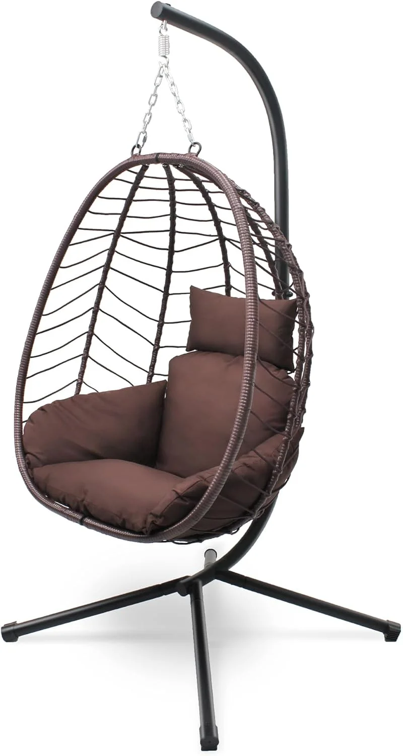 Hammock Chair with Stand Set and Soft Seat Cushions, Pillow, Foldable Wicker Rattan Hanging Egg Chair,Adjustable Height,Anti-UV&Waterproof, Indoor and Outdoor Use,286Lbs(Brown)