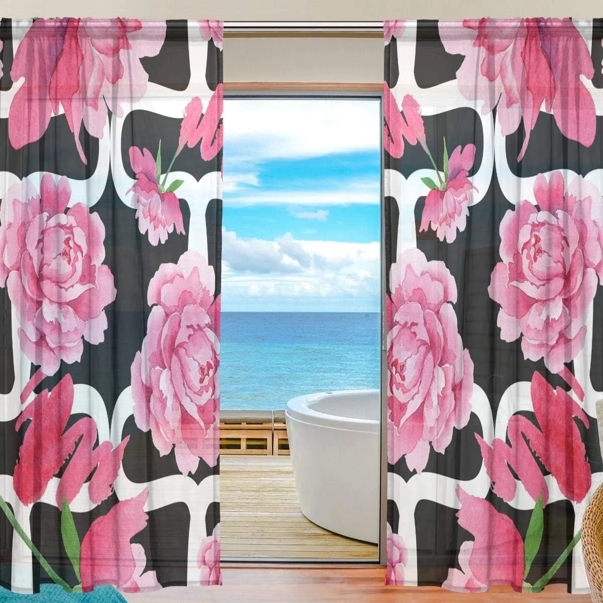 Hidove Watercolor Pink Peony Flower Semi Sheer Curtains Window Voile Drapes Panels Treatment-55x84in for Living Room Bedroom Kids Room, 2 Pieces