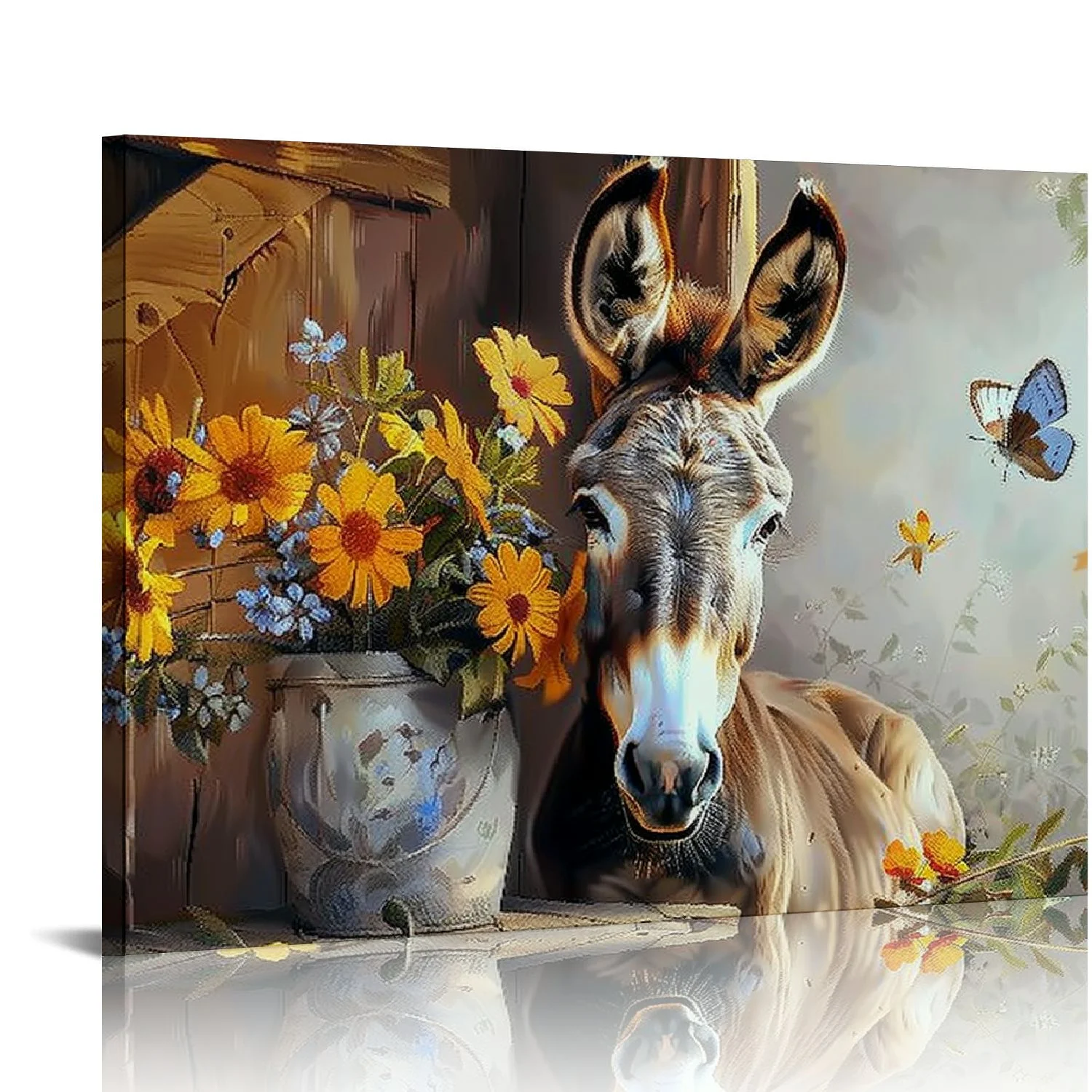 JEUXUS  Farm Animal Canvas Wall Art Funny Donkey and Watercolor Wildflower with Butterfly Wall Art for Living Room Bathroom Bedroom Rustic Farmhouse Picture Wall Decor Framed Wall Art