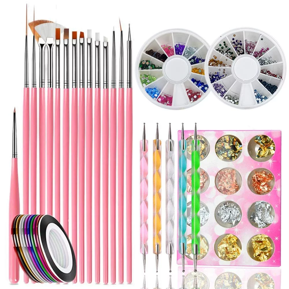 Nail Art Sets 33pcs Nail Supplies Tools Kits with Painting Brushes, Dotting Pen, Striping Line Tapes and foil Stickers