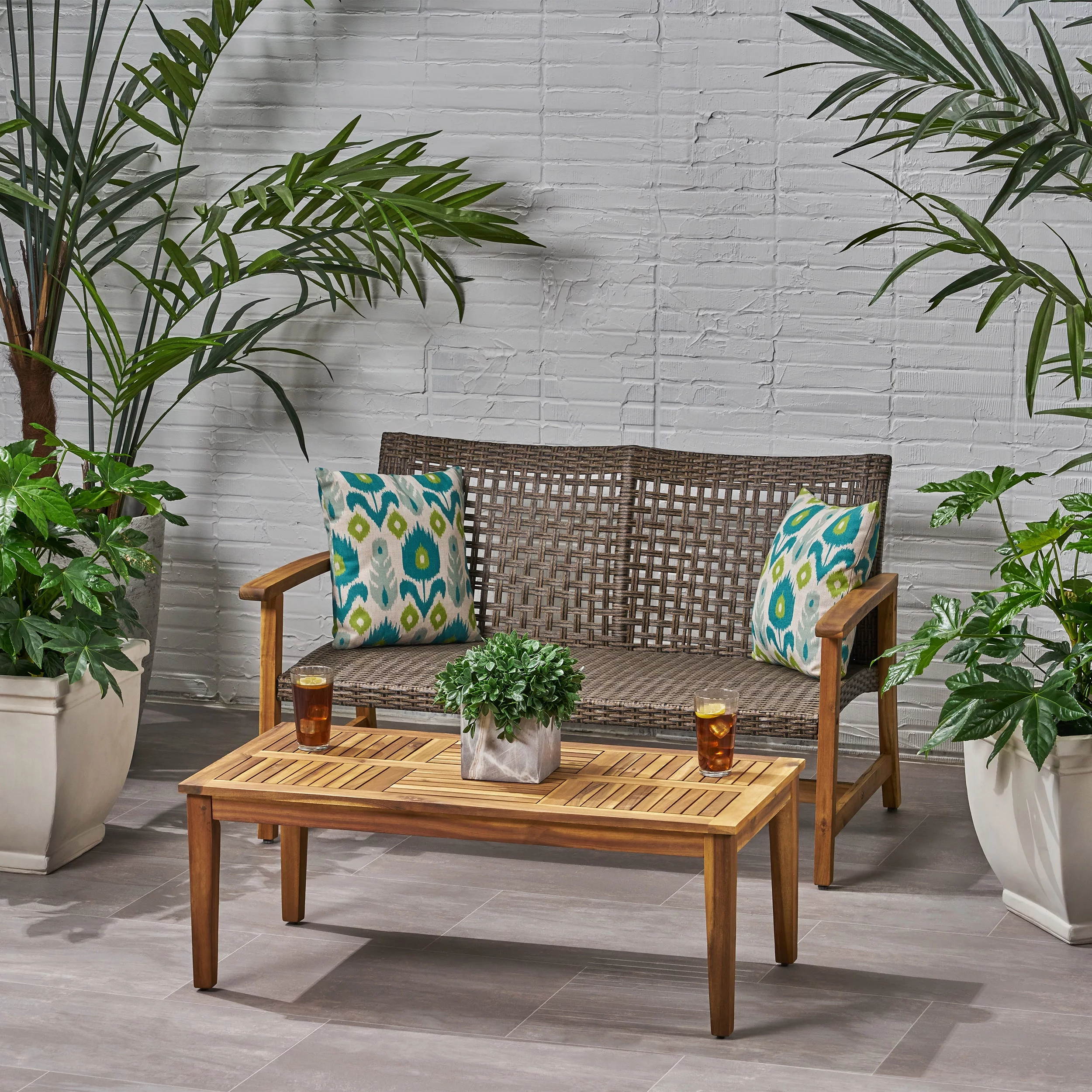 Noble House Hampton Outdoor Wood and Wicker Loveseat and Coffee Table in Mocha