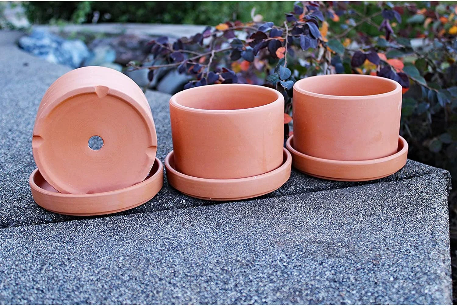 Walled Terracotta Planter with Drainage Hole and Saucer Cylindrical Plants Flower Containers Unglazed Clay Pots - Set of 3