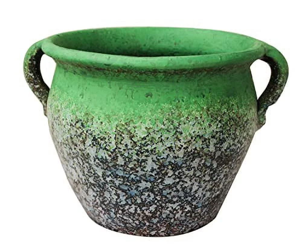 Egyptian  Designed Earthen Ware Terra-Cotta Vessel/Planter With Looped Handles (Taller Distressed Teal Green)