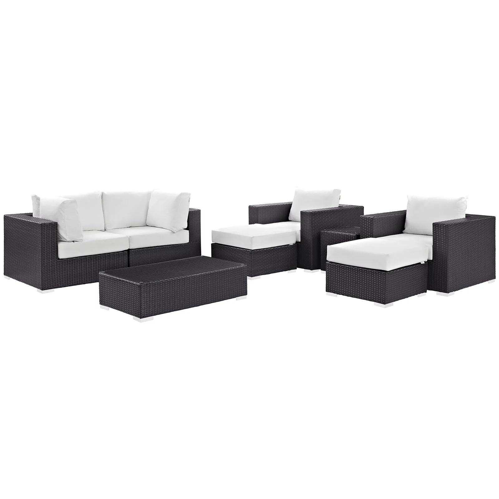 Modern Contemporary Urban Design Outdoor Patio Balcony Eight PCS Sectional Sofa Set, White, Rattan