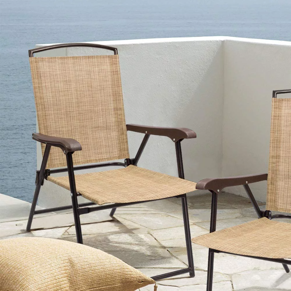 Patio Folding Chair Deck Sling Chair Camping Garden Pool Beach Using Chairs Space Saving Set of 2 (Beige)