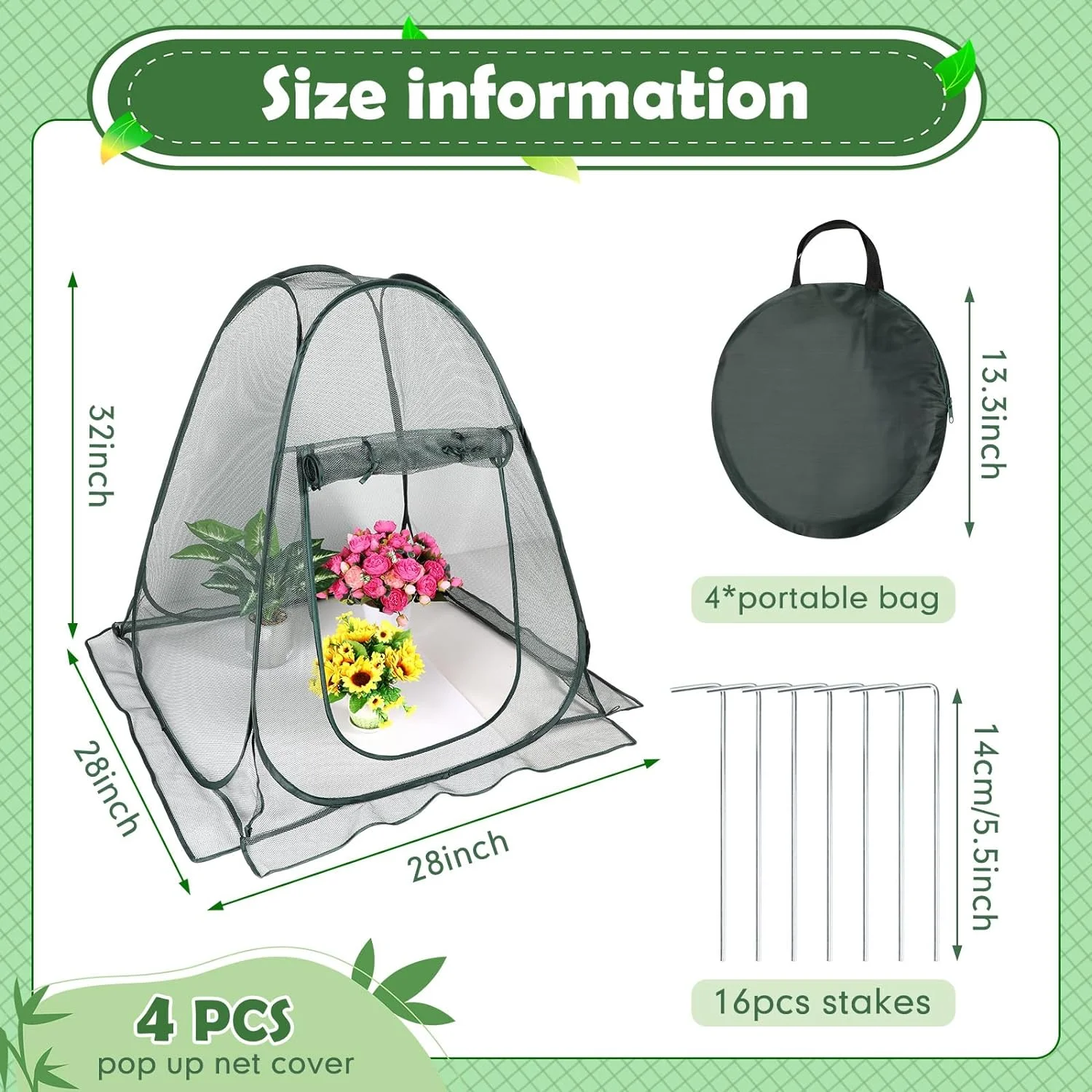 Windyun 4 Pcs Pop up Greenhouse Mesh Plant Cover Plant Protector Garden Netting Plant Cover for Pests Bird Protection Guard for Indoor Outdoor Gardening(36 x 36 x 39 Inch)
