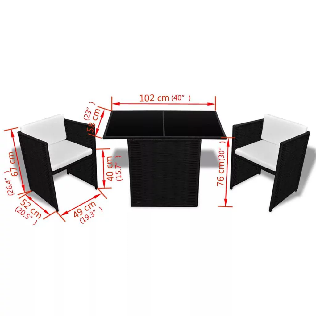 walmeck 3 Piece Bistro Set with Cushions Poly Rattan Black