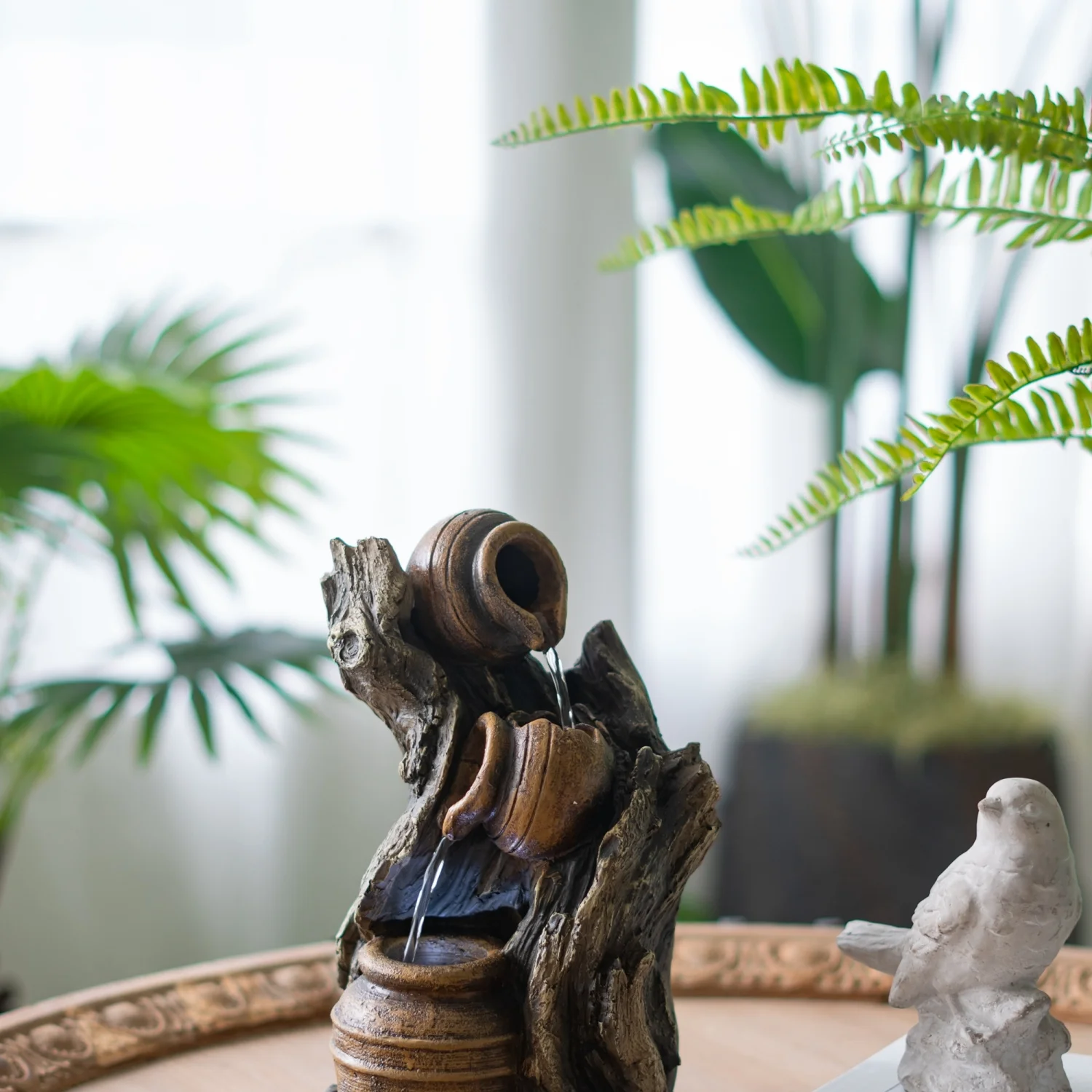 TQJKLFDY 7.7x3.9x13.6” Brown and Gray Water Fountain with Antique Water Pump Design and LED Light