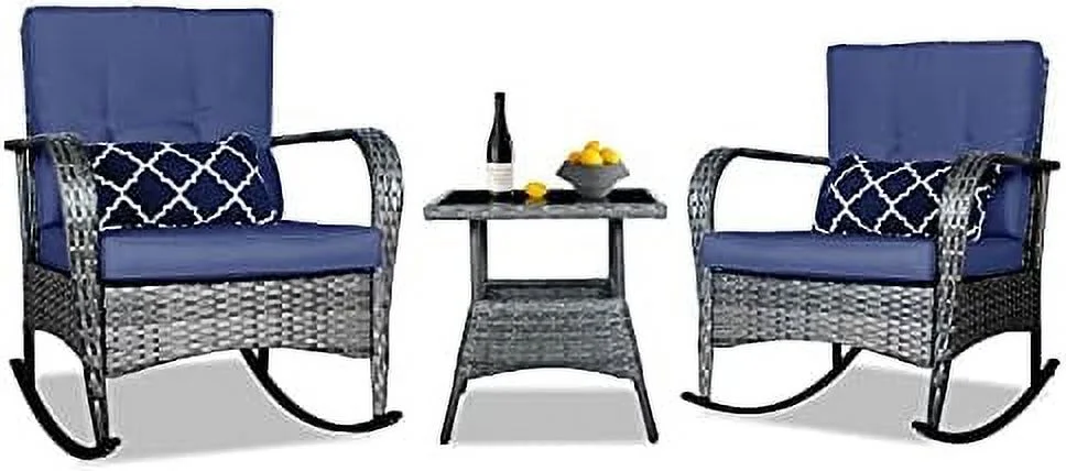 QYFZBIM 3 Pieces Patio PE Rattan Conversation Chair Set  Outdoor  Rocking Chair Set with Water-Proof Cushion&Coffee Table for Garden Backyard and Porch (Dark Blue)