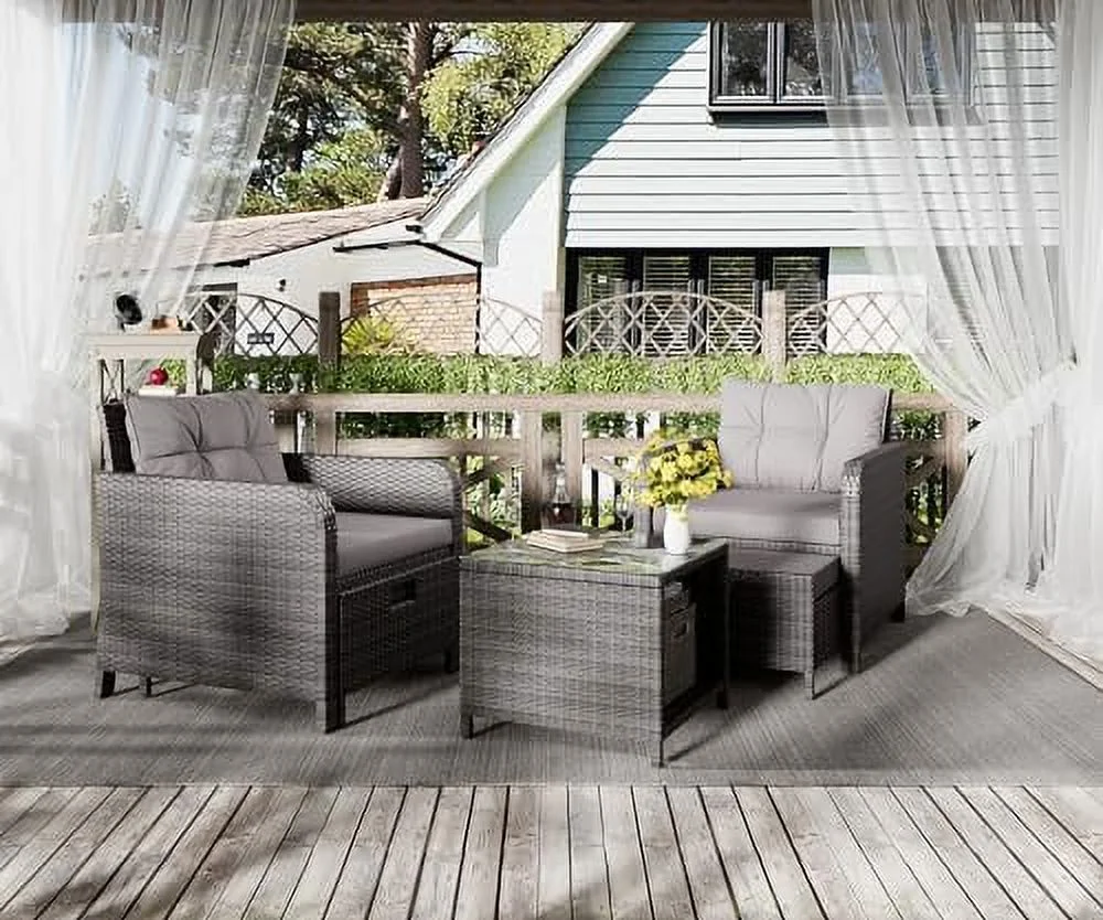 QYFZBIM Outdoor Patio Wicker 5-Piece  Set  No Assembly Required All-Weather Rattan Conversation Bistro &  Table for Garden  Porch  Balcony and Deck (Beige)