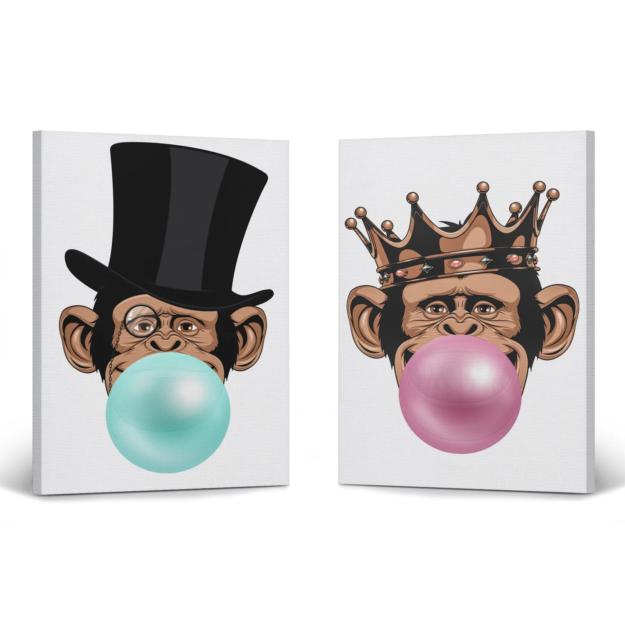 Smile Art Design Funny Monkeys King and Senior Animal Bubble Gum Art 2 PANEL CANVAS PRINT SET Pink Blue Chewing Gum Wall Art Home Decor Living Room Kids Room Nursery Ready to Hang Made in USA 28x19