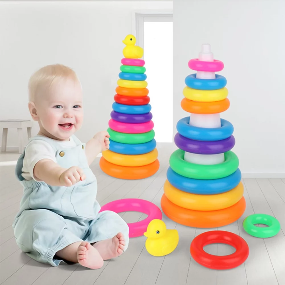 Early Educational Rainbow Tower Stack Circle Duck Ring Puzzle Pyramid (A)