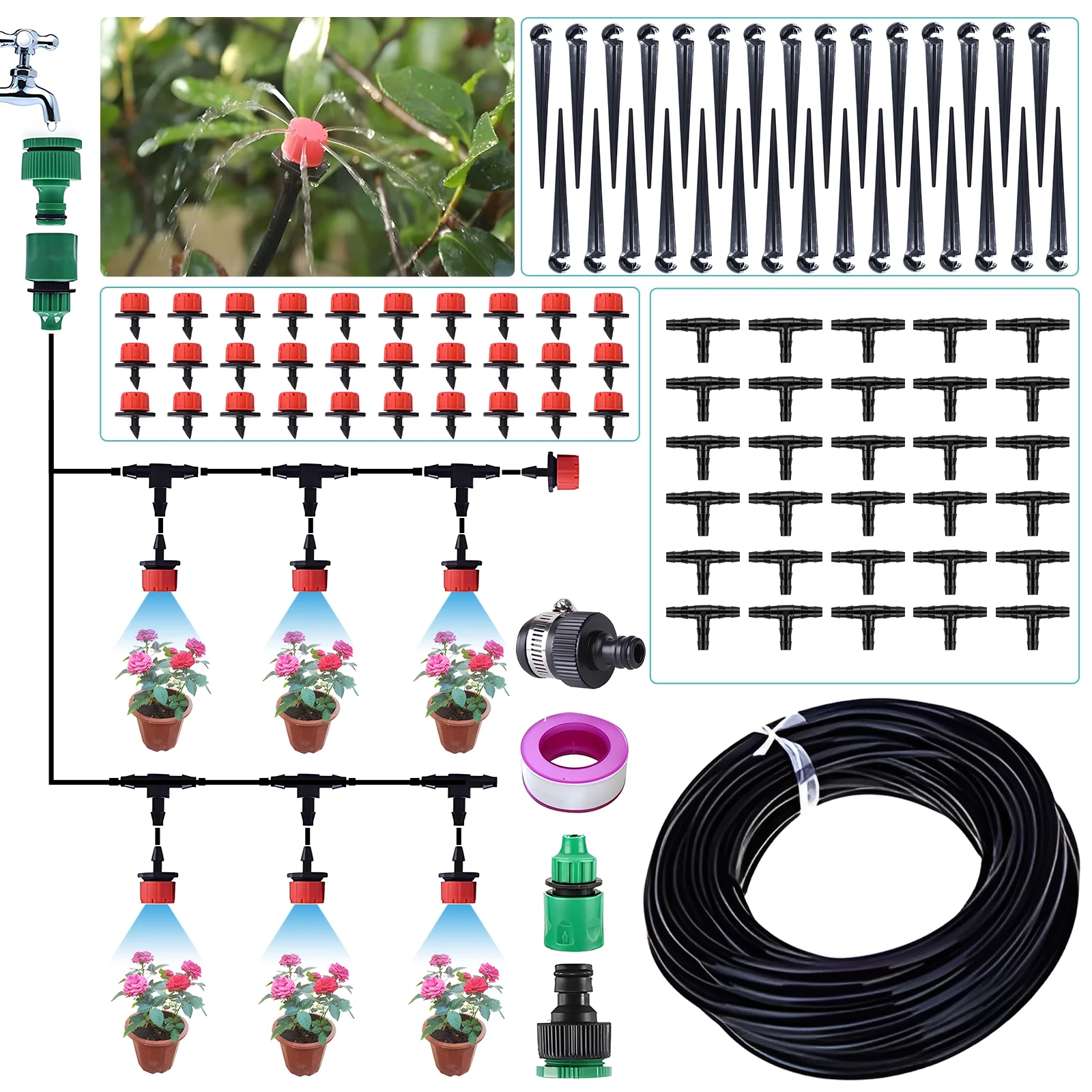 Walmeck Drip Irrigation Kit for Garden, 25m Automatic Watering Mist System, Greenhouse/Lawn/Plant